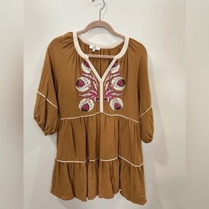 Entro Anthropologie Women’s Large Tan And Floral Tiered Festival Babydoll Dress